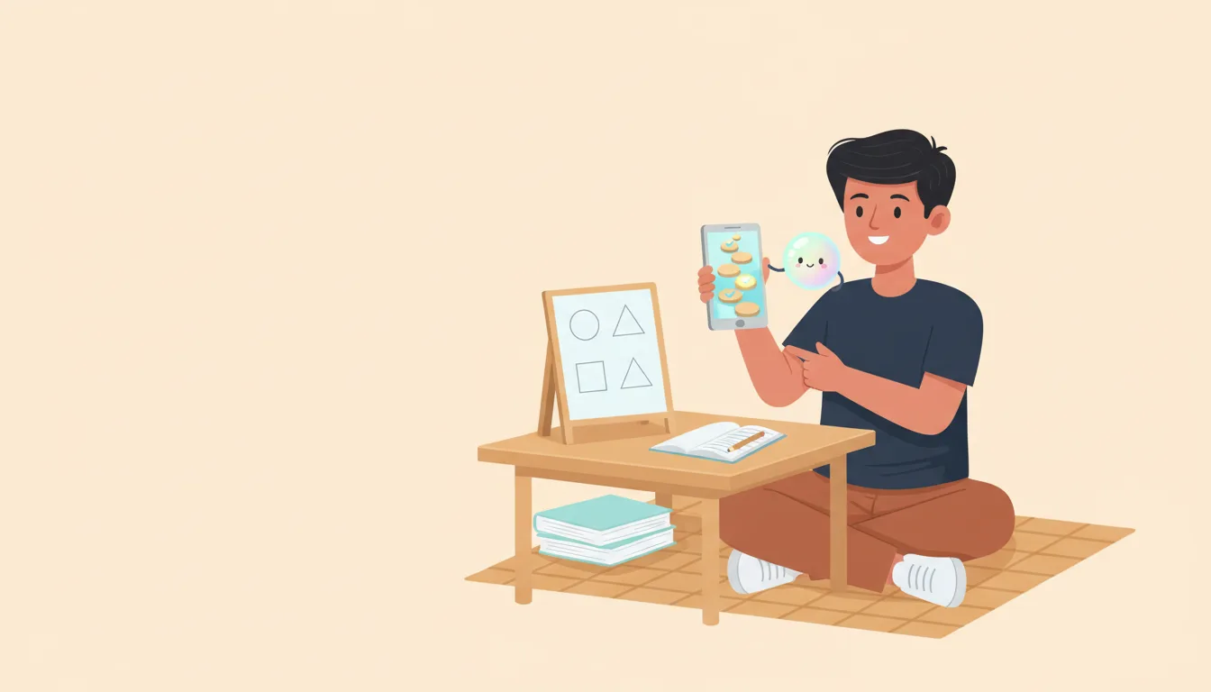 A student at a table with a phone showing a winding chapter map, one step glowing for today
