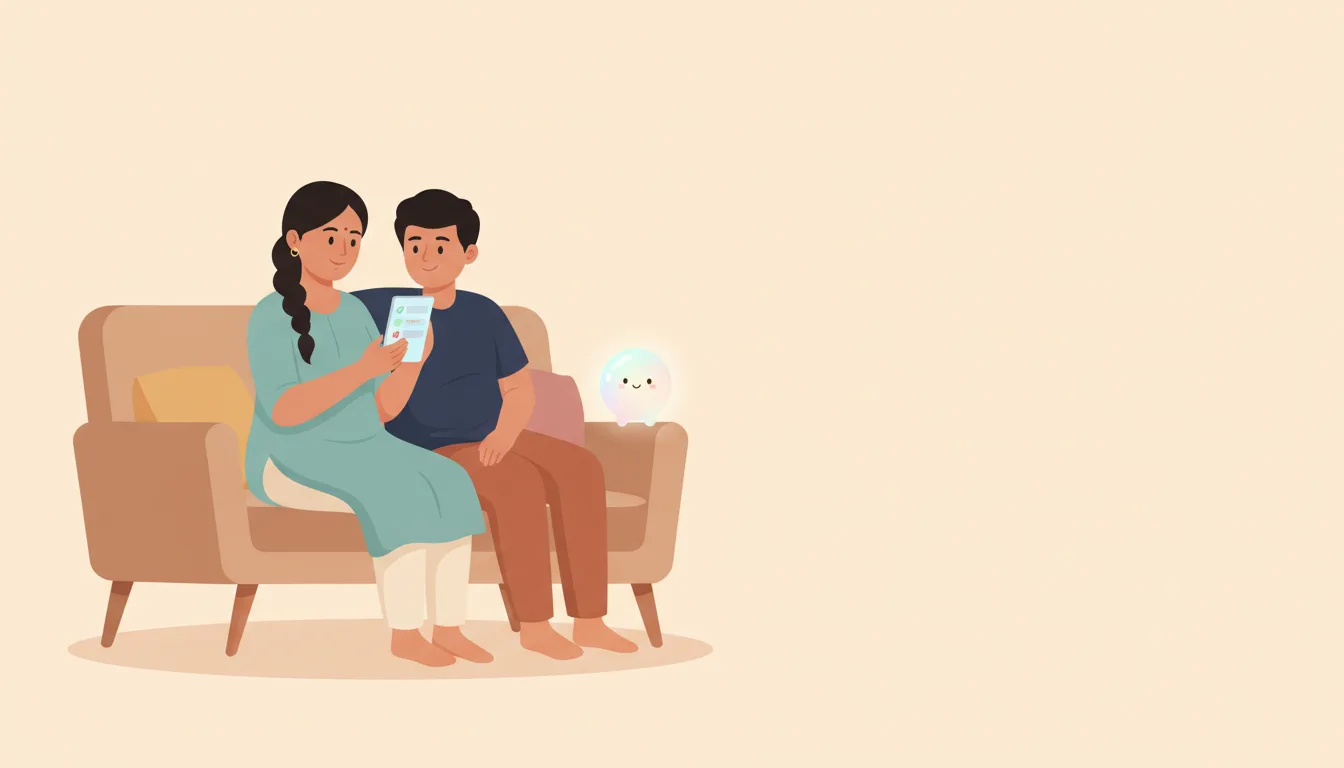 An Indian mother on a sofa looking at her phone showing a list of chapters with status marks beside them