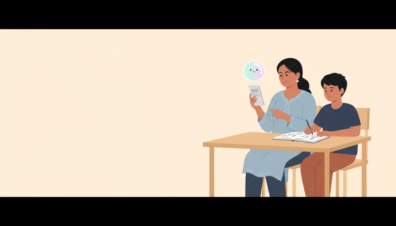 A mother at a kitchen table reading a short summary on her phone while her son studies from a maths book beside her