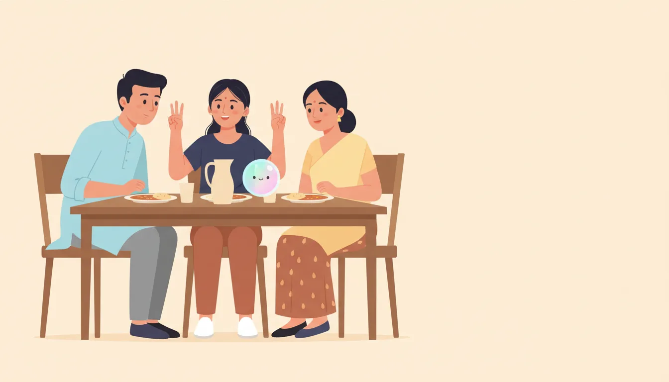 An Indian family at dinner; the father asks the daughter a question and she explains a fraction with her hands