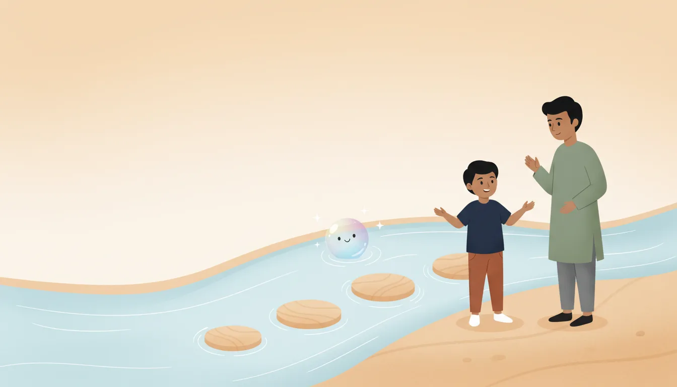 A student on the far shore explaining something to a parent with open hands, while the orb floats back in the water, dimmer