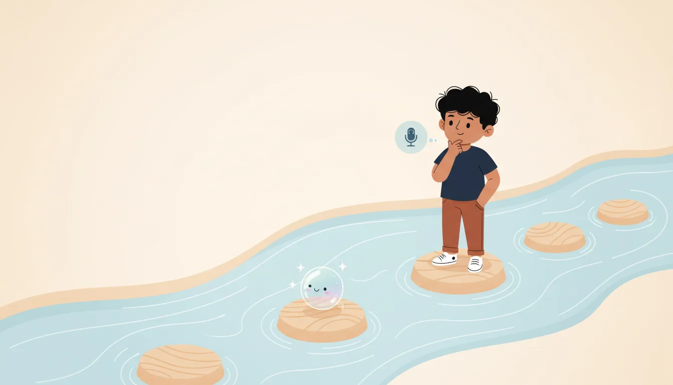 A student standing on a stepping stone mid-river, thinking aloud with a small microphone glow, while the orb waits one stone ahead