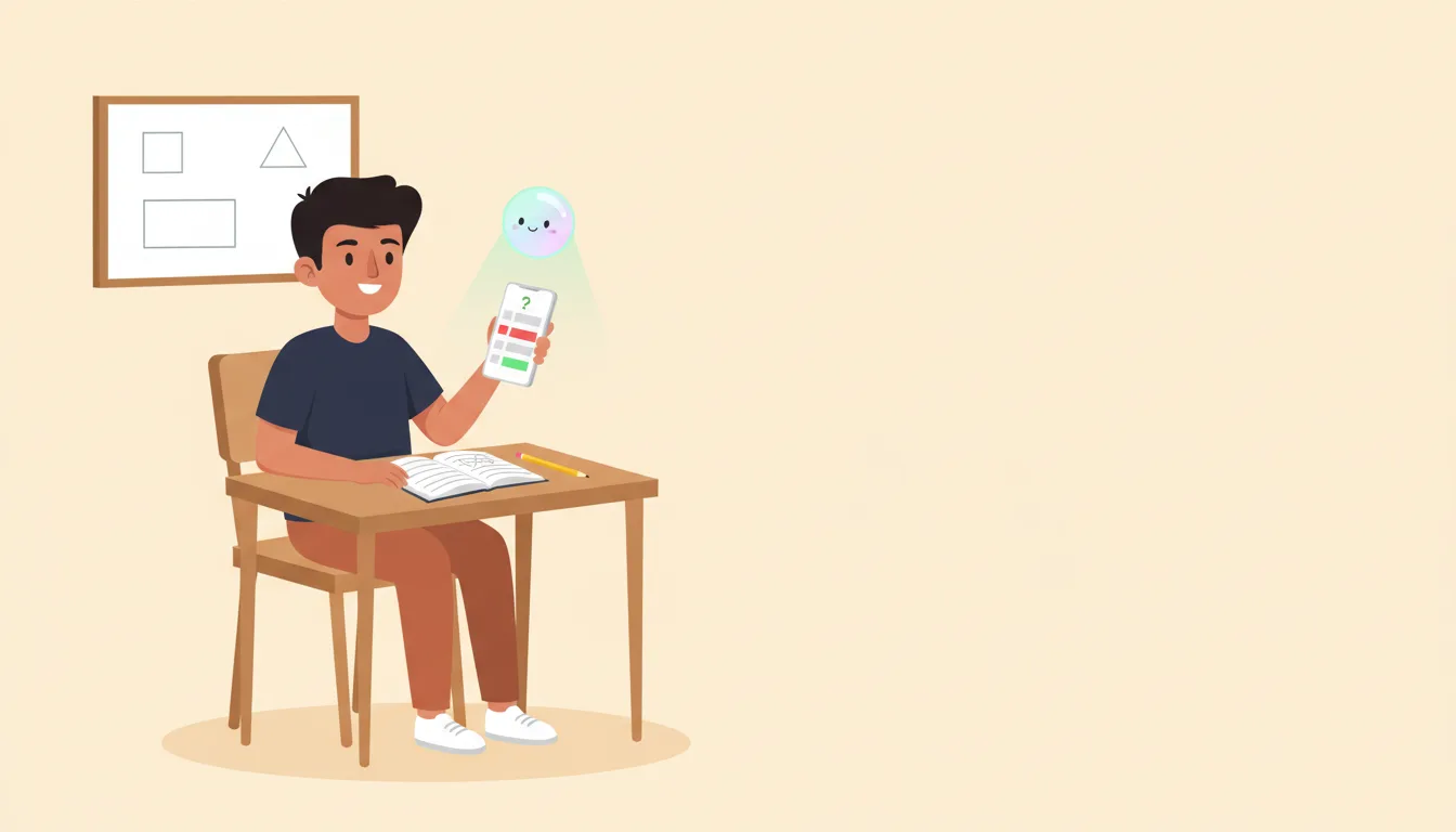 A Class 8 student on a phone, one multiple-choice maths question on screen, the orb pointing at the answer options