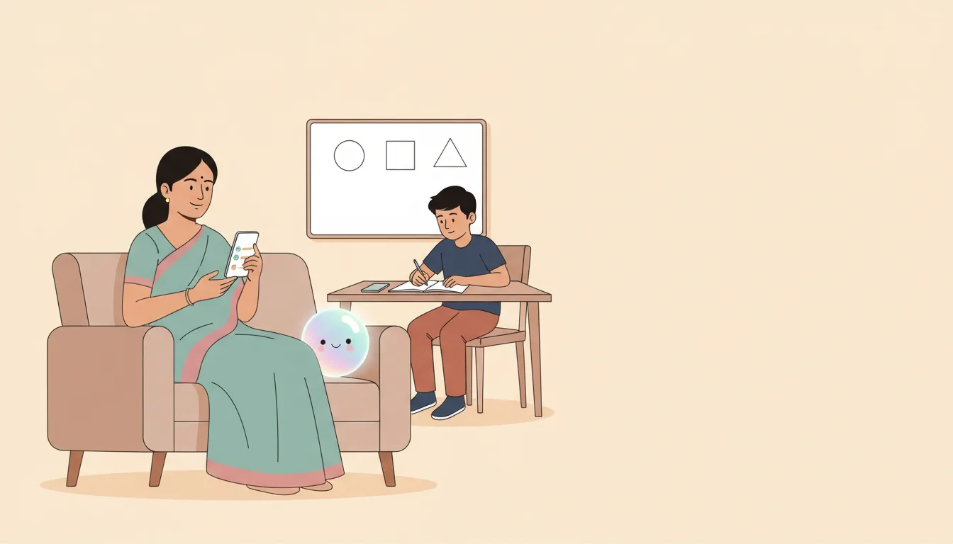 An Indian mother reading her phone in the evening while her son does homework at the table behind her